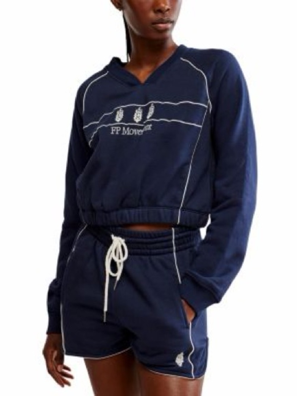 Free People Seeing Double Set Navy Cropped Hoodie with Contrast Stitching